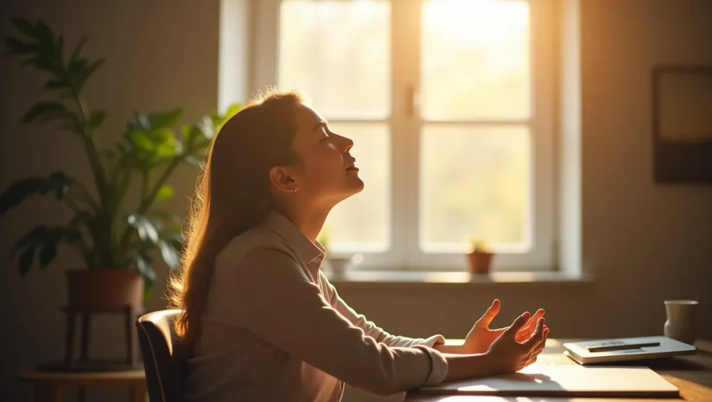 A person taking a mindful moment at their desk, sitting peacefully with sunlight streaming in.