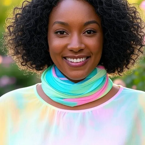 A woman with curly black hair smiling at the camera, wearing a colorful tie-dye shirt with a matching scarf around her neck, standing outdoors with a blurred background of greenery.