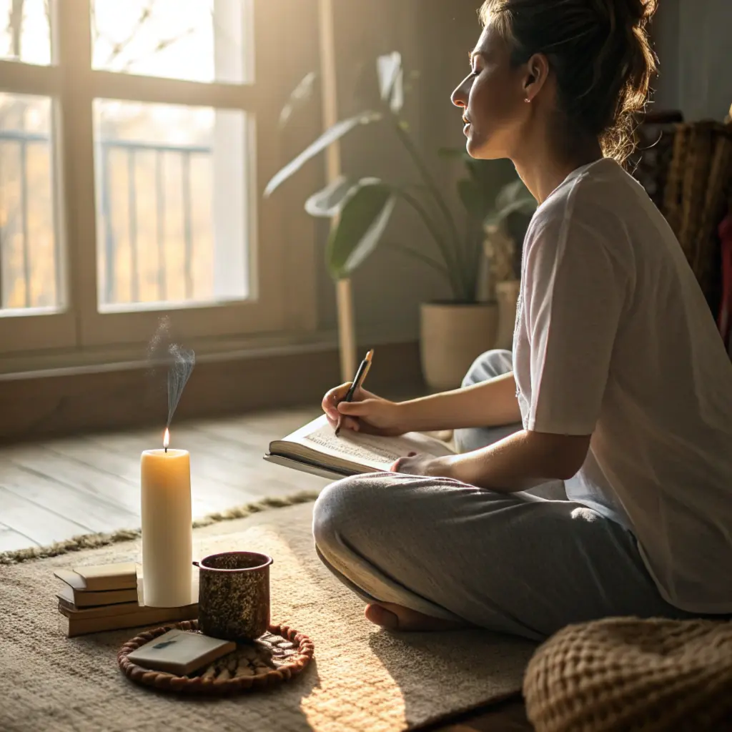 A woman practicing mindfulness with a journal and candle in a softly lit room.