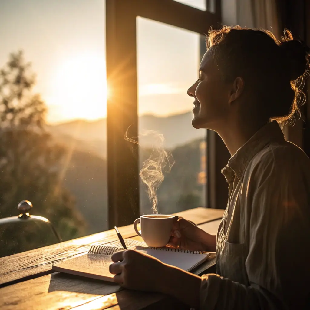 A person enjoying a mindful morning with tea and journaling by a sunny window.