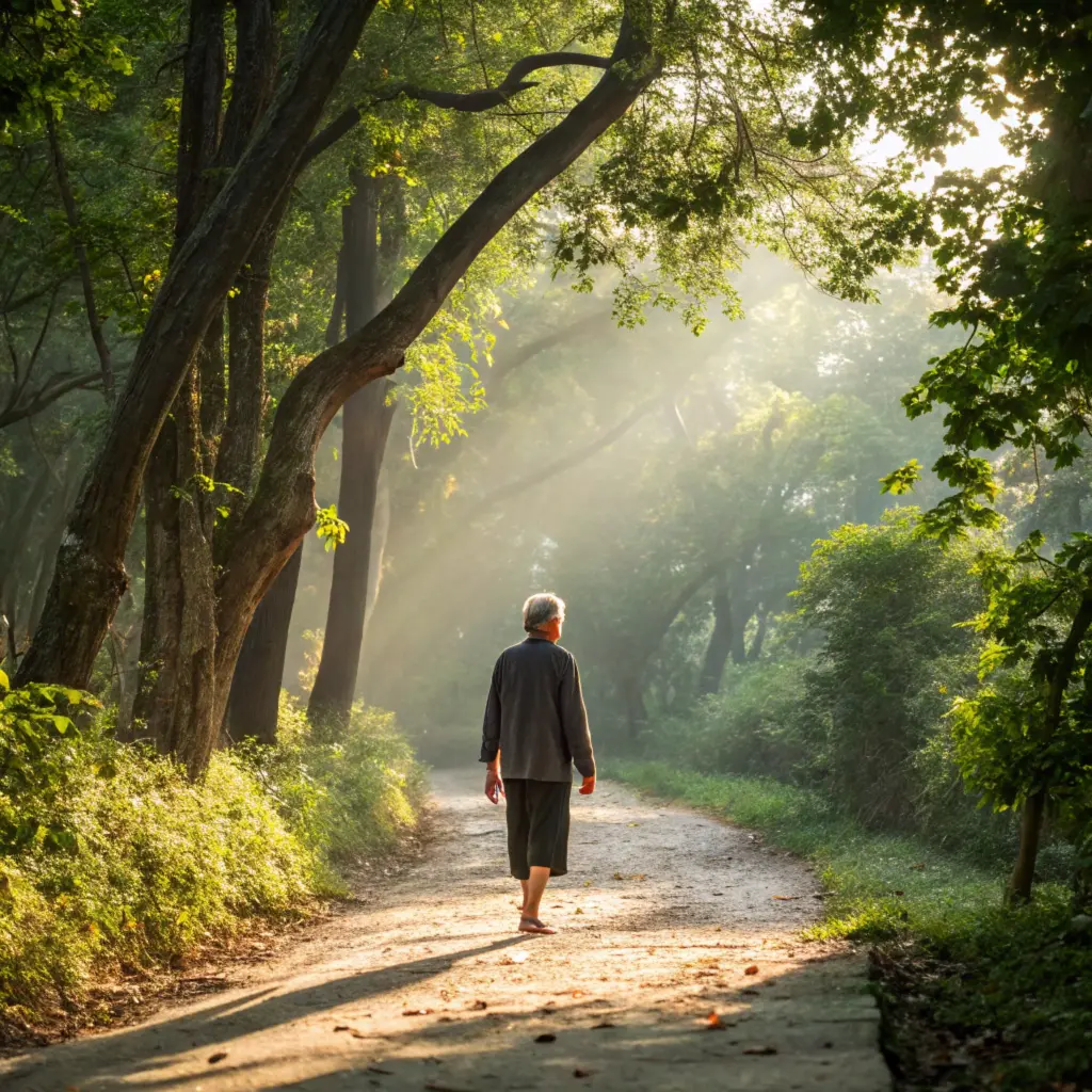 A person practicing mindful walking through a peaceful nature trail.